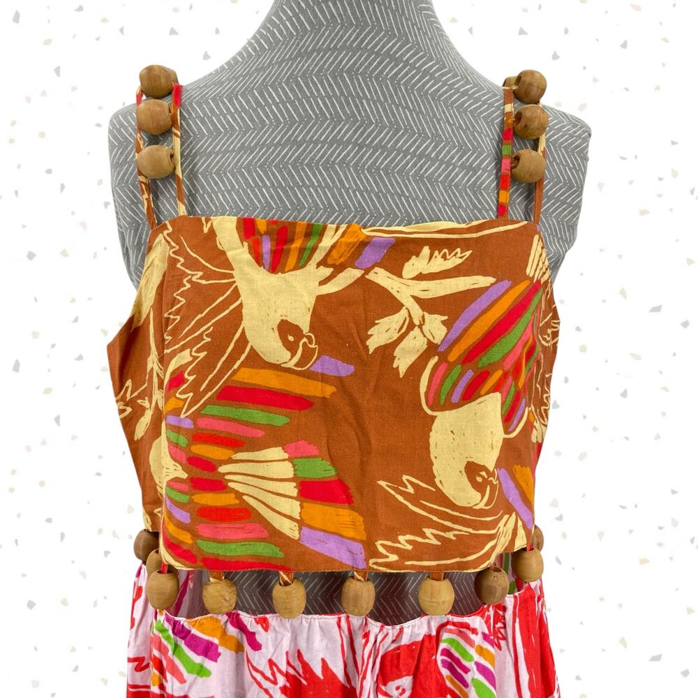 Farm Rio Bright Tropical Dress Wood Beads Colorful Summer Long Sundress Size M - Picture 2 of 12